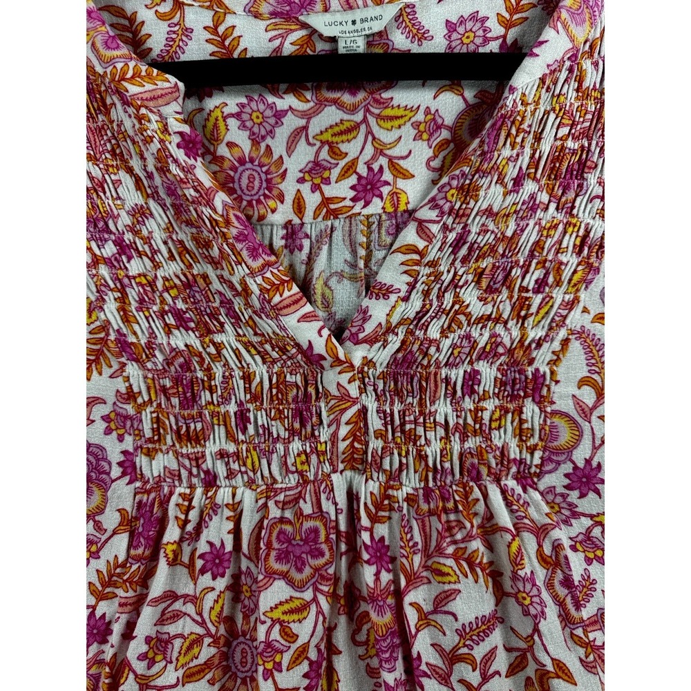 Lucky Brand Floral Boho Blouse Large Pink Orange Smocked Peasant Top LS - Picture 4 of 12